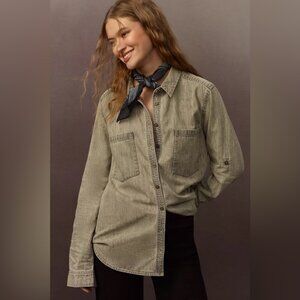 Anthropologie Pilcro Button Down Shirt Gray M Boho Casual Cottagecore Layering